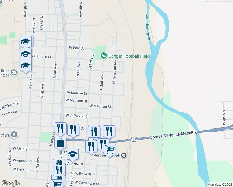 map of restaurants, bars, coffee shops, grocery stores, and more near 115 West Monroe Street in Purcell