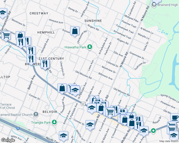 map of restaurants, bars, coffee shops, grocery stores, and more near 208 Laws Avenue in Chattanooga