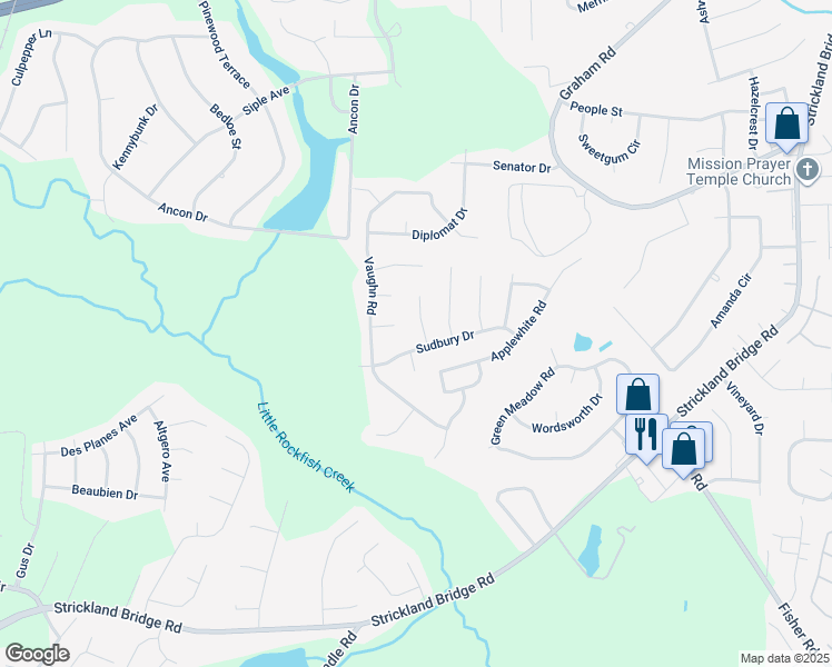 map of restaurants, bars, coffee shops, grocery stores, and more near 6728 Sandfield Court in Fayetteville