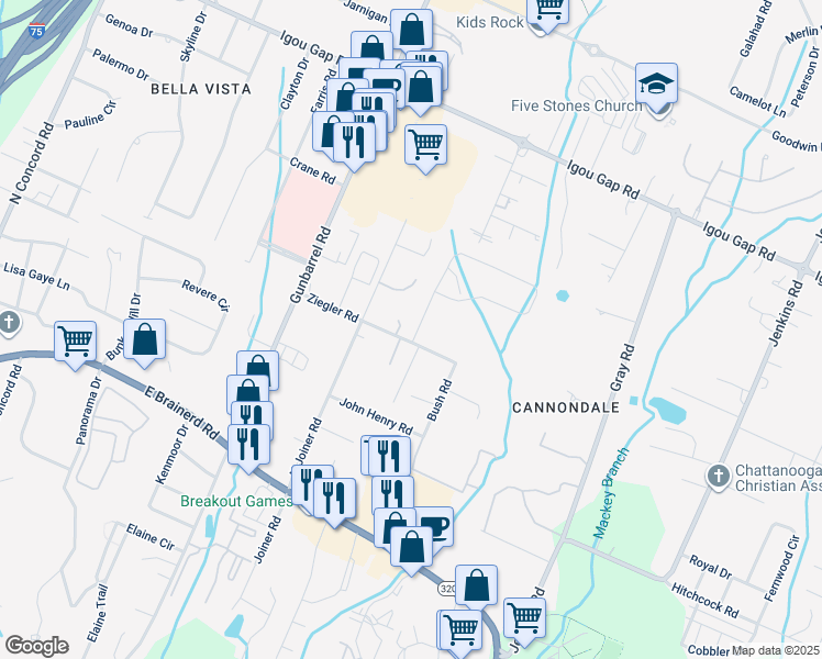 map of restaurants, bars, coffee shops, grocery stores, and more near 1709 Cannondale Loop in Chattanooga
