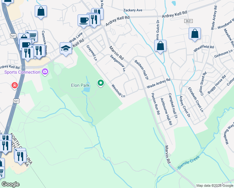map of restaurants, bars, coffee shops, grocery stores, and more near 17322 Westmill Ln in Charlotte