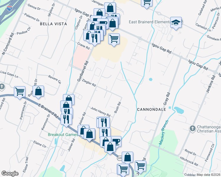 map of restaurants, bars, coffee shops, grocery stores, and more near 1709 Denton Lane in Chattanooga