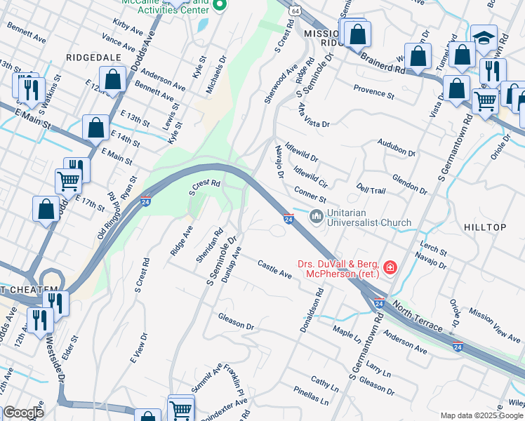 map of restaurants, bars, coffee shops, grocery stores, and more near 3117 Ellis Avenue in Chattanooga
