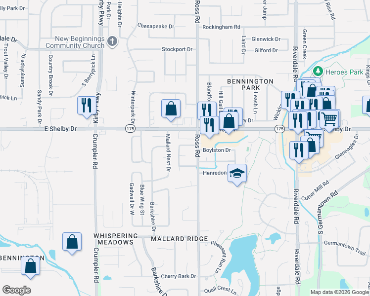 map of restaurants, bars, coffee shops, grocery stores, and more near 6665 Boylston Drive in Memphis