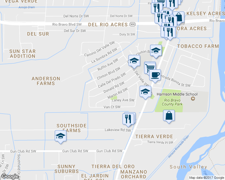 map of restaurants, bars, coffee shops, grocery stores, and more near 4004 Donald Road Southwest in Albuquerque