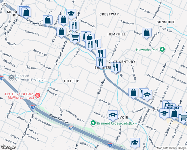 map of restaurants, bars, coffee shops, grocery stores, and more near 3912 Monte Vista Drive in Chattanooga
