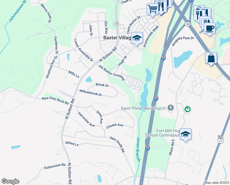 map of restaurants, bars, coffee shops, grocery stores, and more near 1579 Brook Drive in Fort Mill