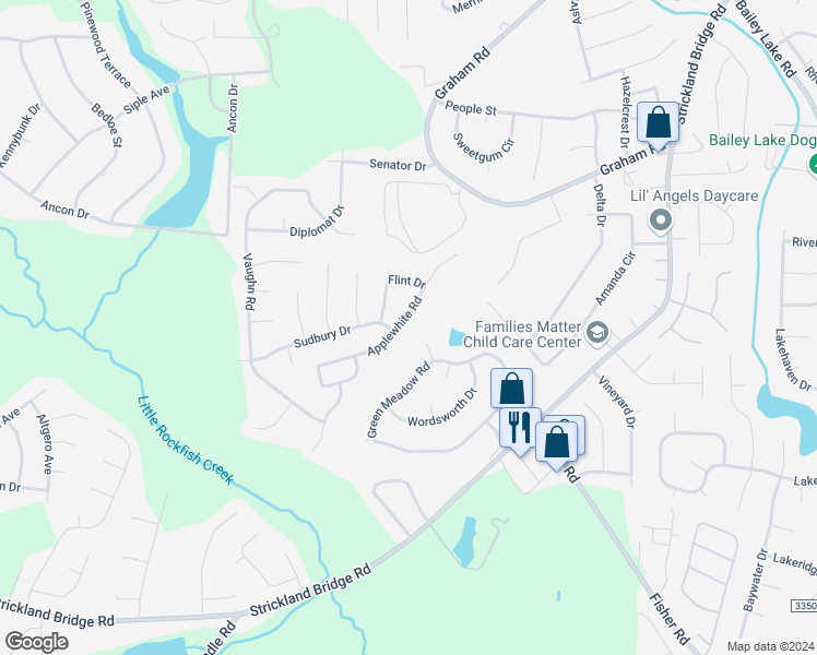 map of restaurants, bars, coffee shops, grocery stores, and more near 6455 Applewhite Road in Fayetteville