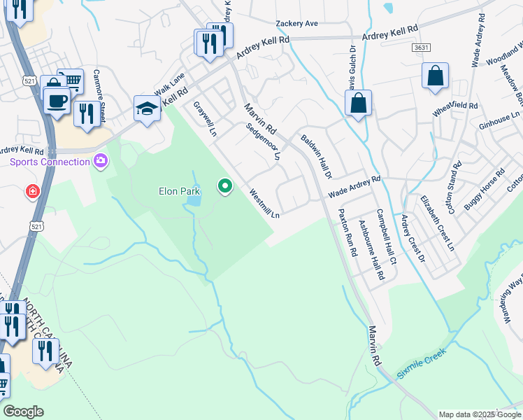 map of restaurants, bars, coffee shops, grocery stores, and more near 17322 Westmill Ln in Charlotte