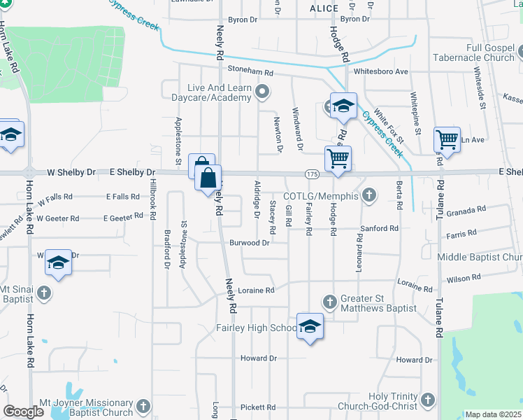 map of restaurants, bars, coffee shops, grocery stores, and more near 4738 Aldridge Drive in Memphis
