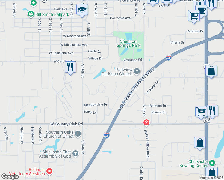 map of restaurants, bars, coffee shops, grocery stores, and more near 106 Saint Charles Place in Chickasha