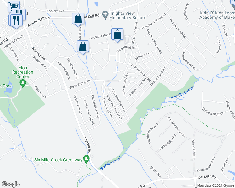 map of restaurants, bars, coffee shops, grocery stores, and more near 10111 Elizabeth Crest Lane in Charlotte