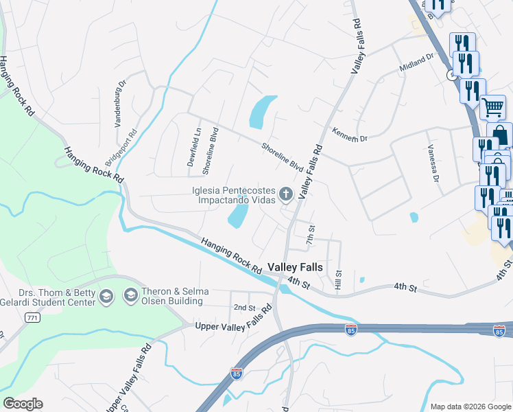map of restaurants, bars, coffee shops, grocery stores, and more near 151 Mistwood Lane in Boiling Springs
