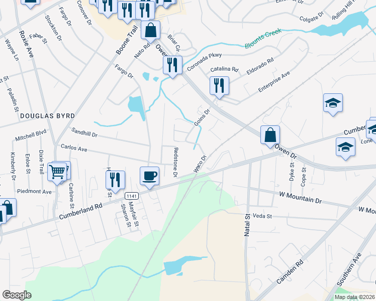 map of restaurants, bars, coffee shops, grocery stores, and more near 2155 Goins Drive in Fayetteville