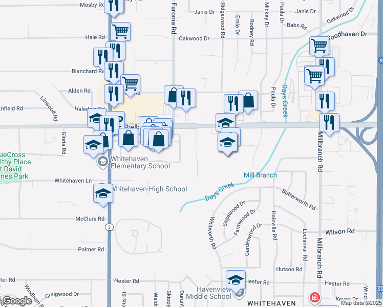 map of restaurants, bars, coffee shops, grocery stores, and more near 4741 Woodridge Drive in Memphis