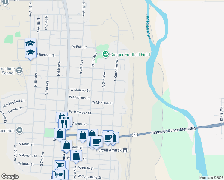 map of restaurants, bars, coffee shops, grocery stores, and more near 115 West Monroe Street in Purcell