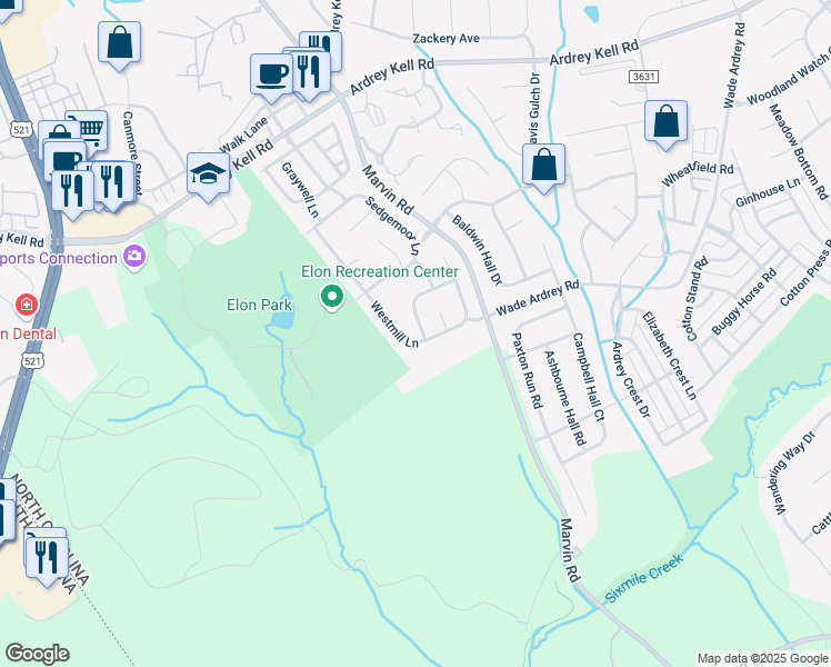 map of restaurants, bars, coffee shops, grocery stores, and more near 9807 Forest Run Lane in Charlotte
