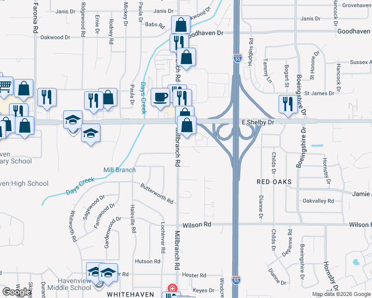 map of restaurants, bars, coffee shops, grocery stores, and more near 1707 Bender Road in Memphis