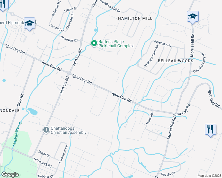 map of restaurants, bars, coffee shops, grocery stores, and more near 8215 Igou Gap Road in Chattanooga