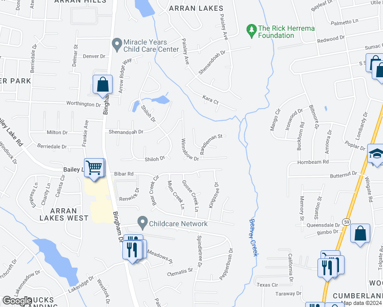 map of restaurants, bars, coffee shops, grocery stores, and more near 1703 Winnabow Drive in Fayetteville