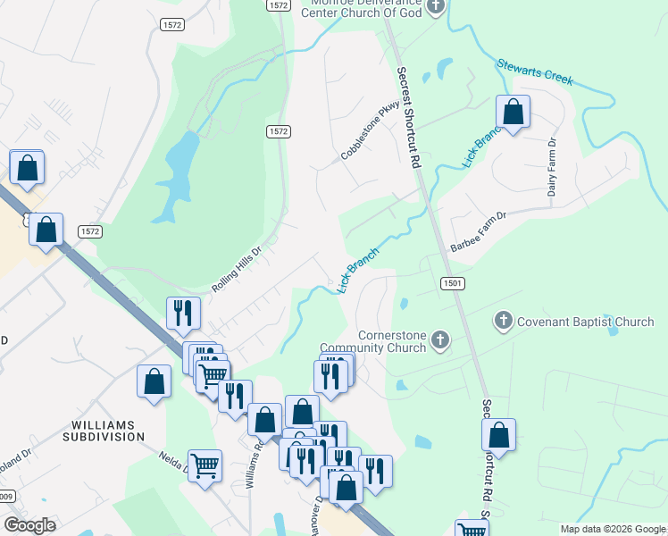 map of restaurants, bars, coffee shops, grocery stores, and more near 2526 King Arthur Drive in Monroe