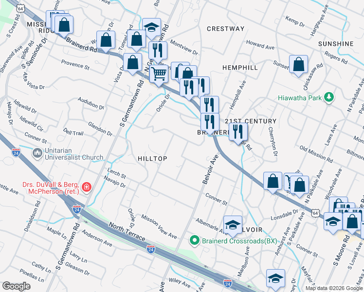 map of restaurants, bars, coffee shops, grocery stores, and more near 113 Gardner Street in Chattanooga