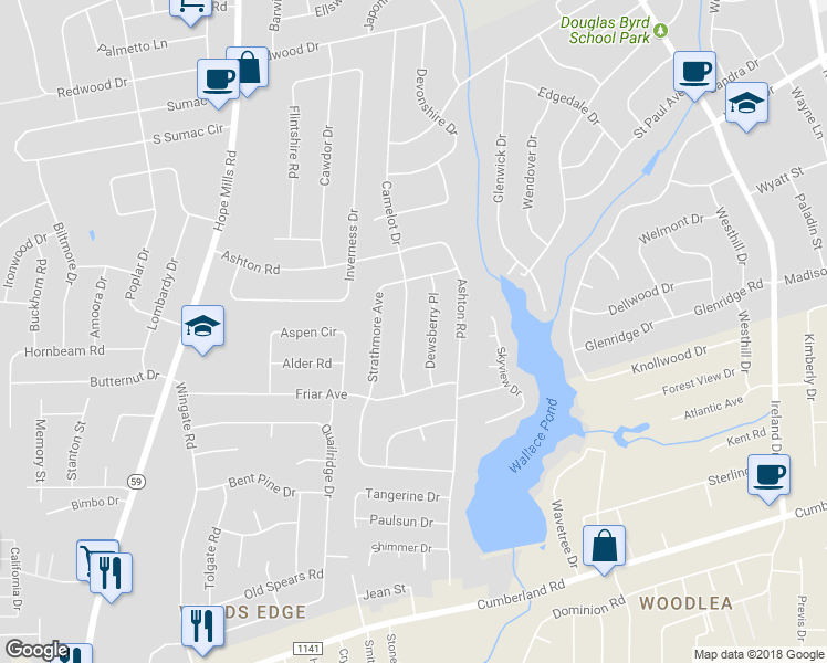 map of restaurants, bars, coffee shops, grocery stores, and more near 1825 Camelot Drive in Fayetteville