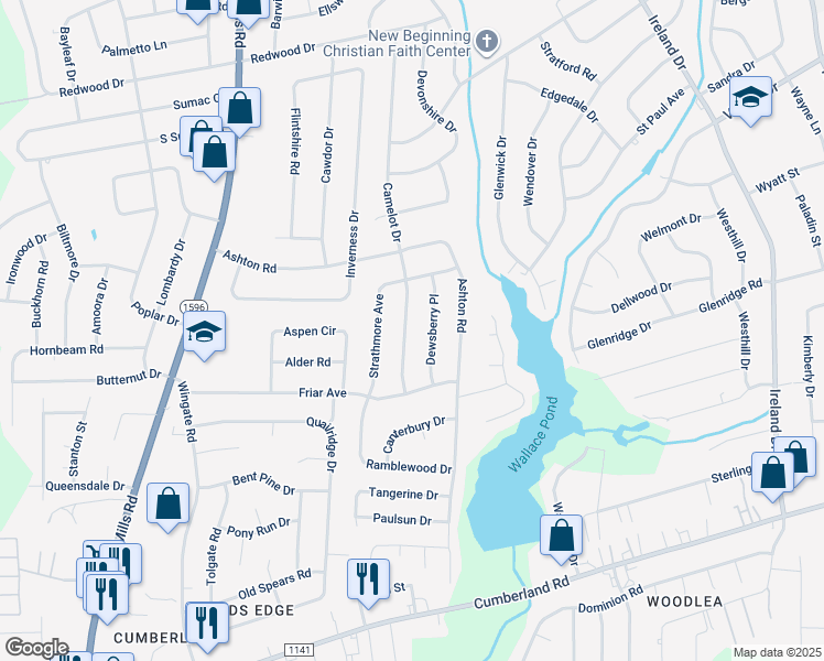 map of restaurants, bars, coffee shops, grocery stores, and more near 1825 Camelot Drive in Fayetteville