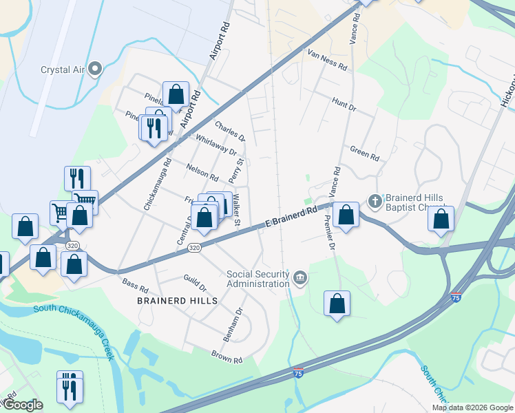 map of restaurants, bars, coffee shops, grocery stores, and more near 227 Prosperity Lane in Chattanooga