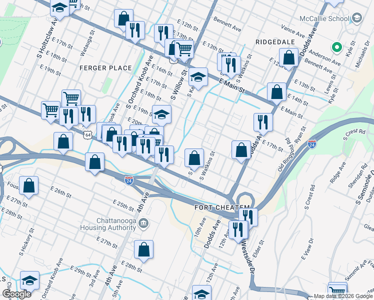 map of restaurants, bars, coffee shops, grocery stores, and more near 2005 South Lyerly Street in Chattanooga