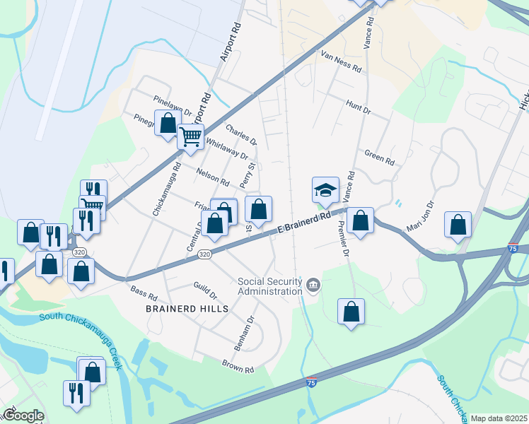 map of restaurants, bars, coffee shops, grocery stores, and more near 236 Prosperity Lane in Chattanooga