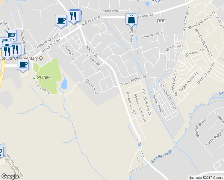 map of restaurants, bars, coffee shops, grocery stores, and more near 17430 Westmill Lane in Charlotte