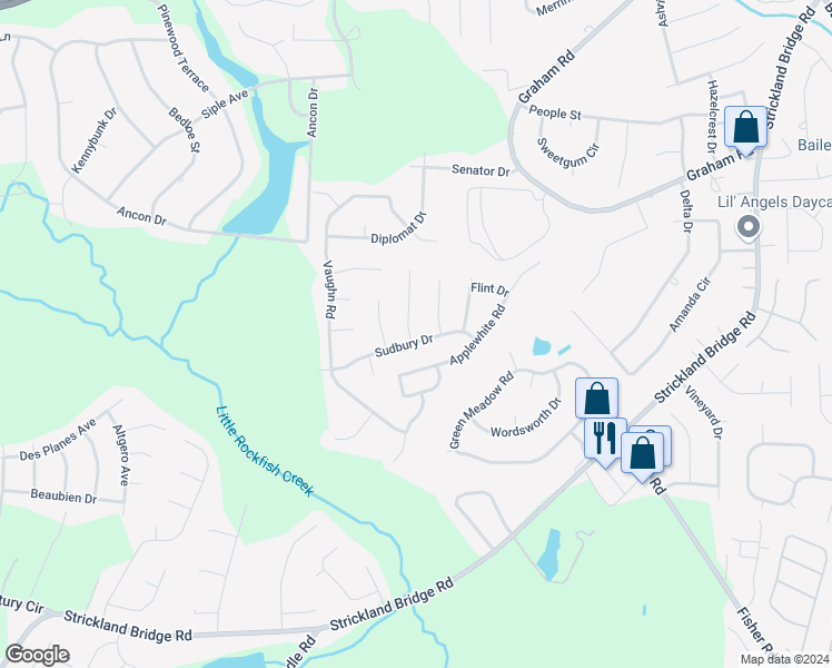 map of restaurants, bars, coffee shops, grocery stores, and more near 6799 Longparrish Court in Fayetteville