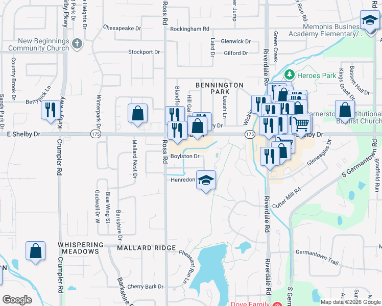 map of restaurants, bars, coffee shops, grocery stores, and more near 6756 Boylston Drive in Memphis