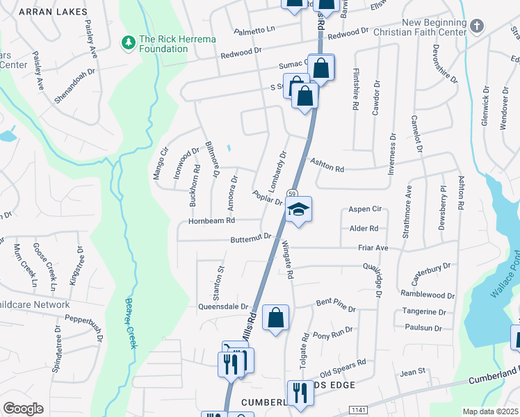 map of restaurants, bars, coffee shops, grocery stores, and more near 2106 Lombardy Drive in Fayetteville