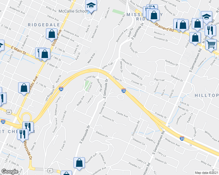 map of restaurants, bars, coffee shops, grocery stores, and more near 418 South Seminole Drive in Chattanooga