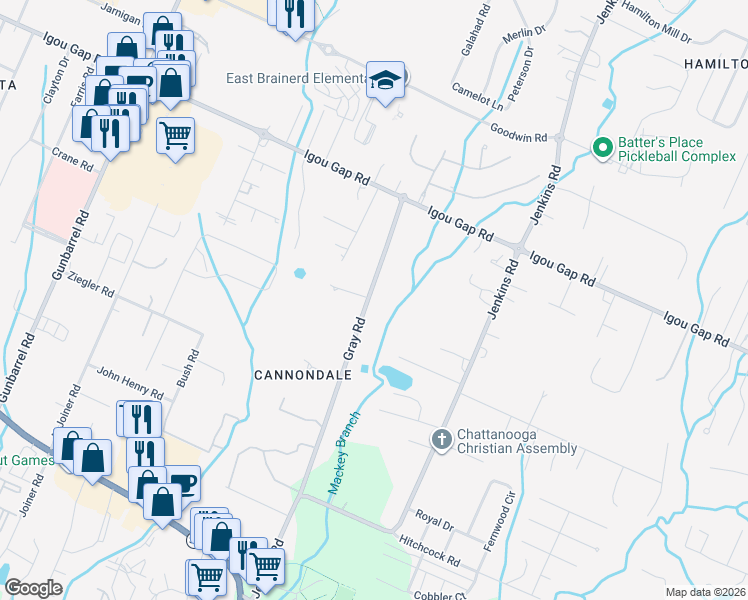 map of restaurants, bars, coffee shops, grocery stores, and more near 1730 Gray Road in Chattanooga