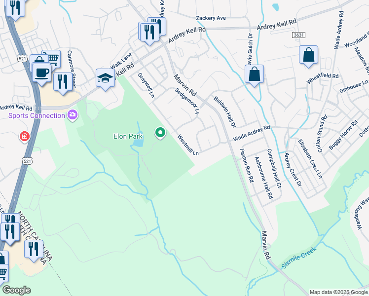 map of restaurants, bars, coffee shops, grocery stores, and more near 17318 Westmill Lane in Charlotte