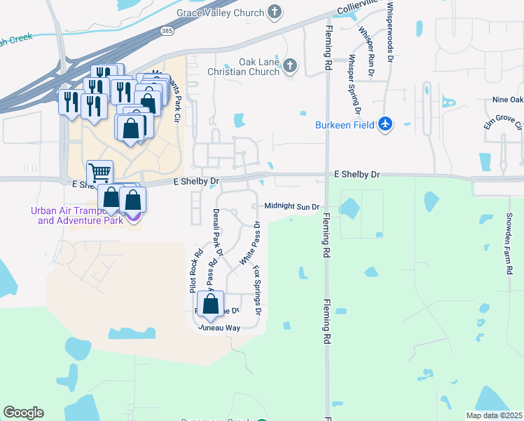 map of restaurants, bars, coffee shops, grocery stores, and more near 4742 White Pass Drive in Collierville