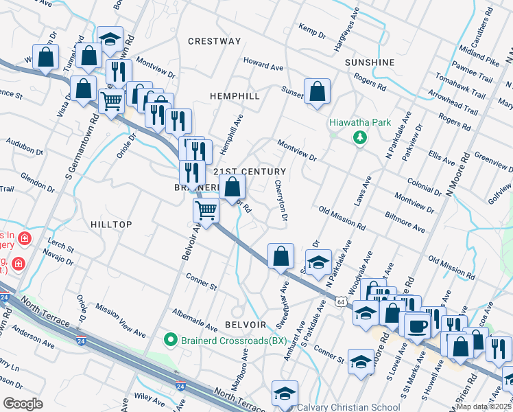 map of restaurants, bars, coffee shops, grocery stores, and more near 103 Hollyberry Lane in Chattanooga