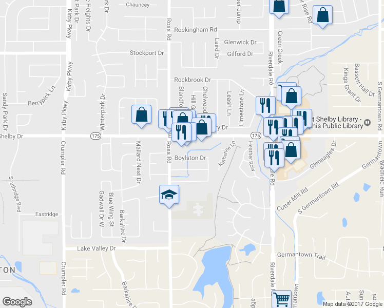 map of restaurants, bars, coffee shops, grocery stores, and more near 6756 Boylston Drive in Memphis