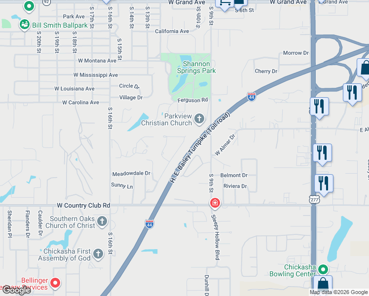 map of restaurants, bars, coffee shops, grocery stores, and more near 311 Christopher Drive in Chickasha