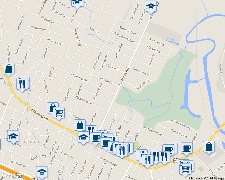 map of restaurants, bars, coffee shops, grocery stores, and more near 4721 Montview Drive in Chattanooga