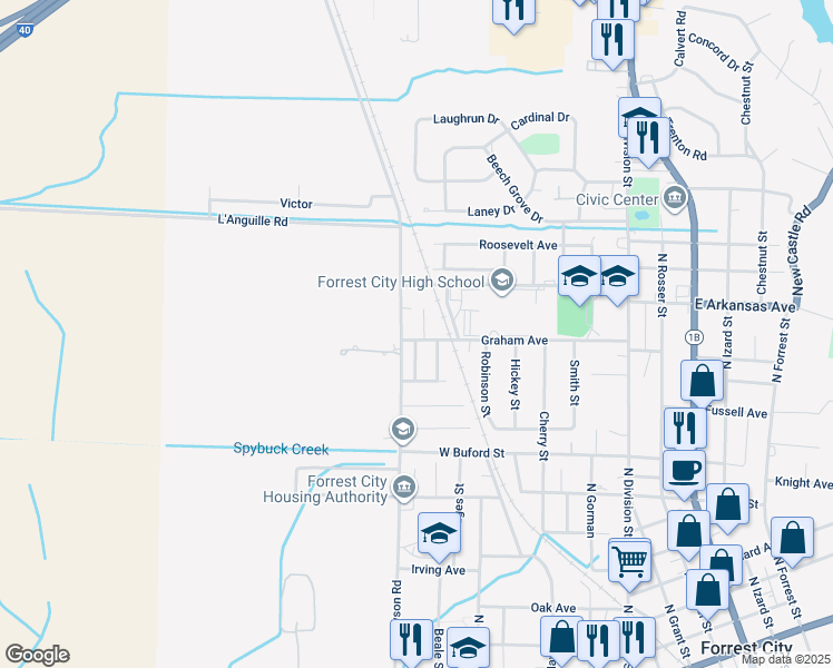 map of restaurants, bars, coffee shops, grocery stores, and more near 906 Graham Avenue in Forrest City