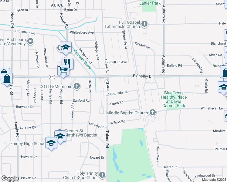 map of restaurants, bars, coffee shops, grocery stores, and more near 658 Granada Road in Memphis
