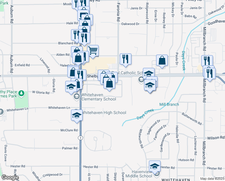map of restaurants, bars, coffee shops, grocery stores, and more near 1215 Southland Mall in Memphis