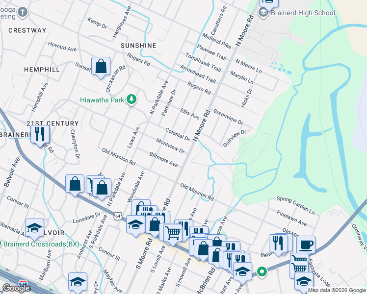 map of restaurants, bars, coffee shops, grocery stores, and more near 4721 Montview Drive in Chattanooga