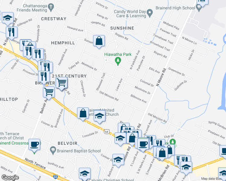 map of restaurants, bars, coffee shops, grocery stores, and more near 202 Sequoia Drive in Chattanooga