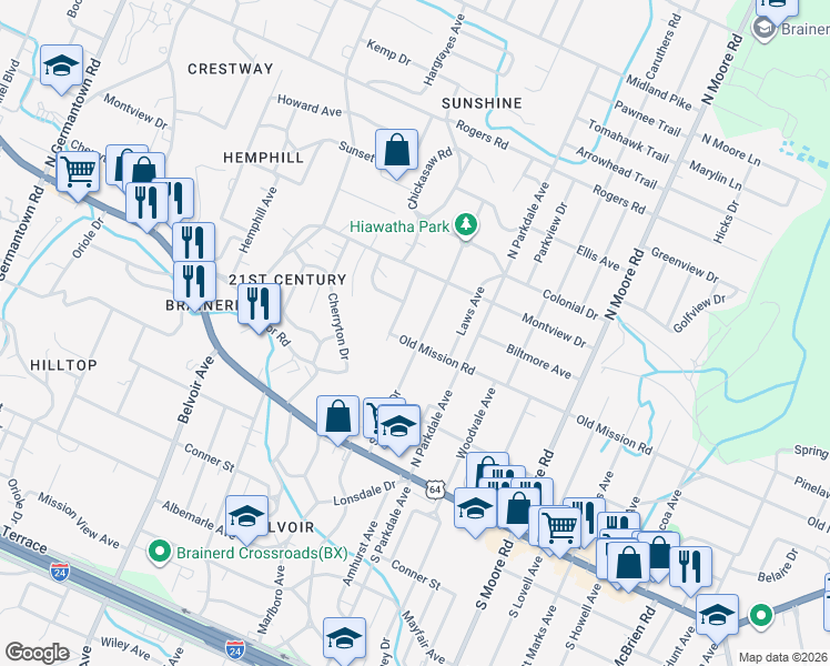 map of restaurants, bars, coffee shops, grocery stores, and more near 202 Sequoia Drive in Chattanooga