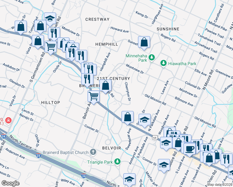 map of restaurants, bars, coffee shops, grocery stores, and more near 103 Hollyberry Lane in Chattanooga